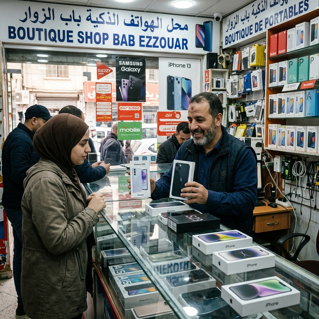 Boutique smartphone Bab Ezzouar Alger - vendeur montrant Samsung et iPhone à un client avec prix affichés en DZD