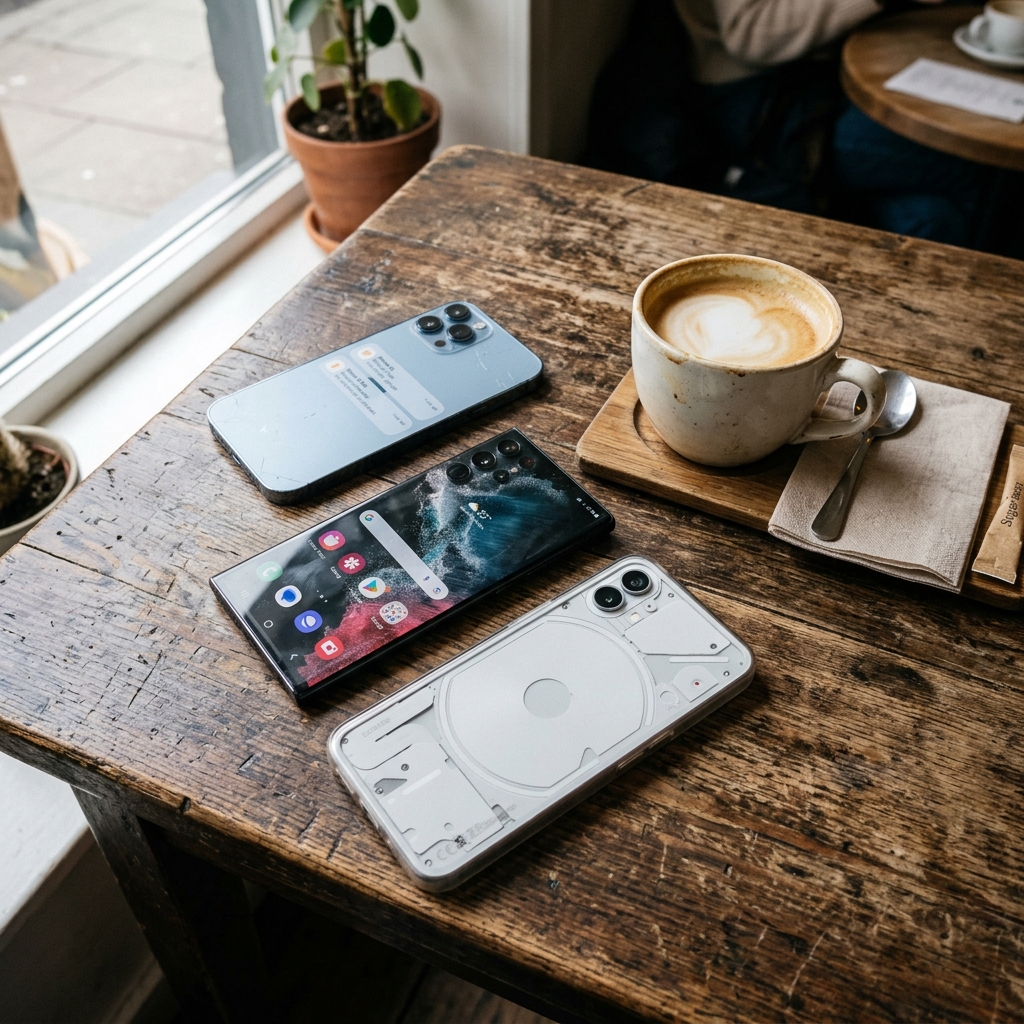 Comparatif prix smartphones Algérie août 2026 - Samsung Galaxy A36 vs iPhone 16 vs Nothing Phone 4A Pro sur fond carte Alger Oran Constantine