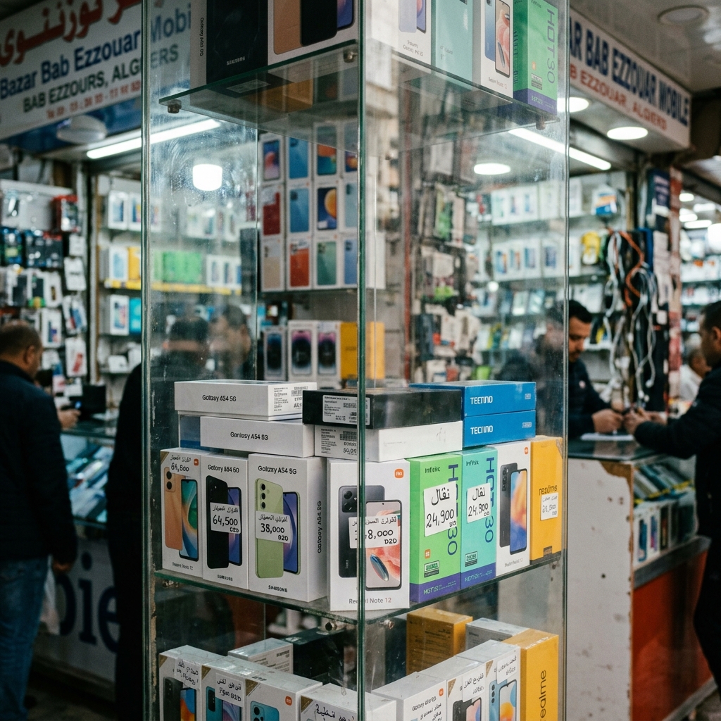 Smartphones en vitrine boutique Alger Bab Ezzouar prix en DA